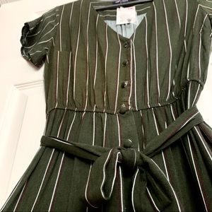 Olive green pin stripe jumpsuit with waist tie